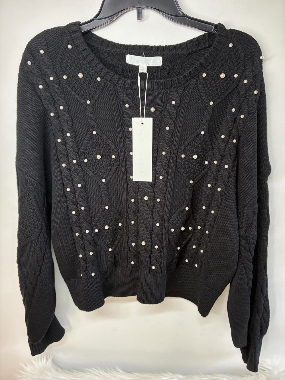Pearl-Embellished Cable Knit Sweater - Black